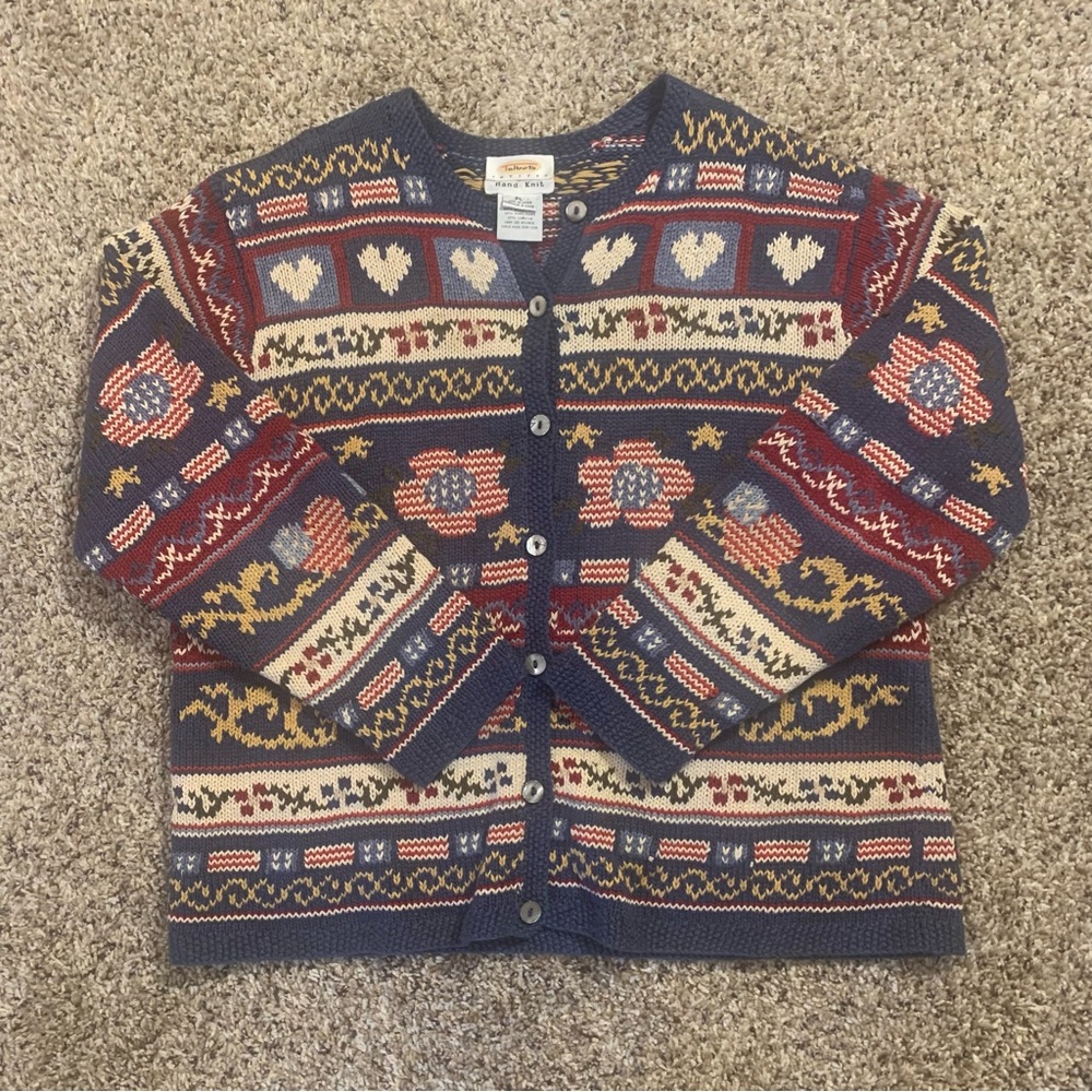 Talbots Americana Hearts Vintage 90s Linen Blend Hand Knit Cardigan Sweater - Picture 10 of 13